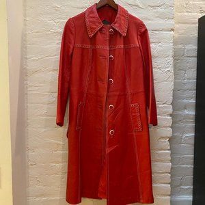 Vintage Red Leather Coat with Perforated Details
